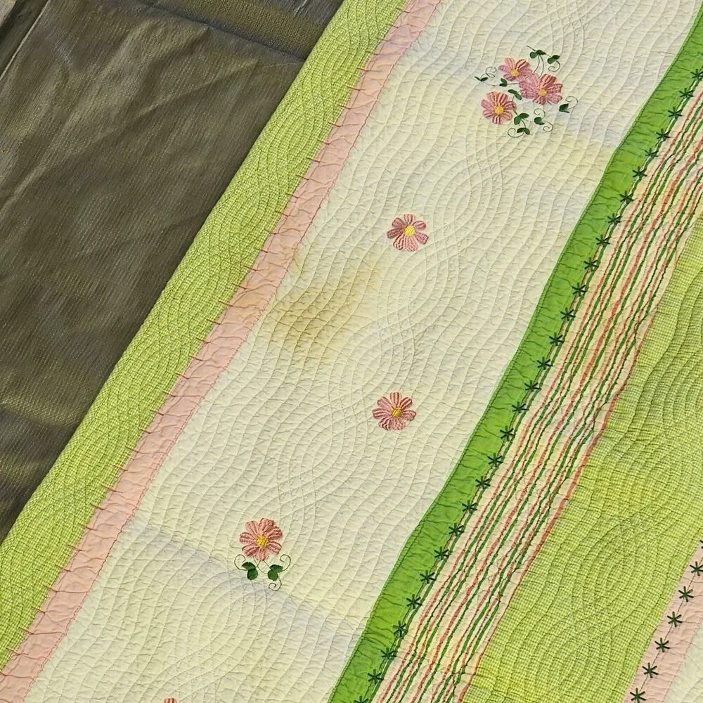 Lime Green Pink Floral Twin Size Quilt 100% Cotton Bedspread Striped Embroidered